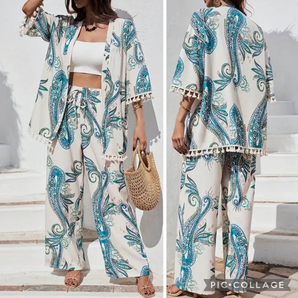 New 2 Piece Set Paisley Tassel Short Sleeve Open Front Cardigan Wide Leg Pants - Picture 1 of 16